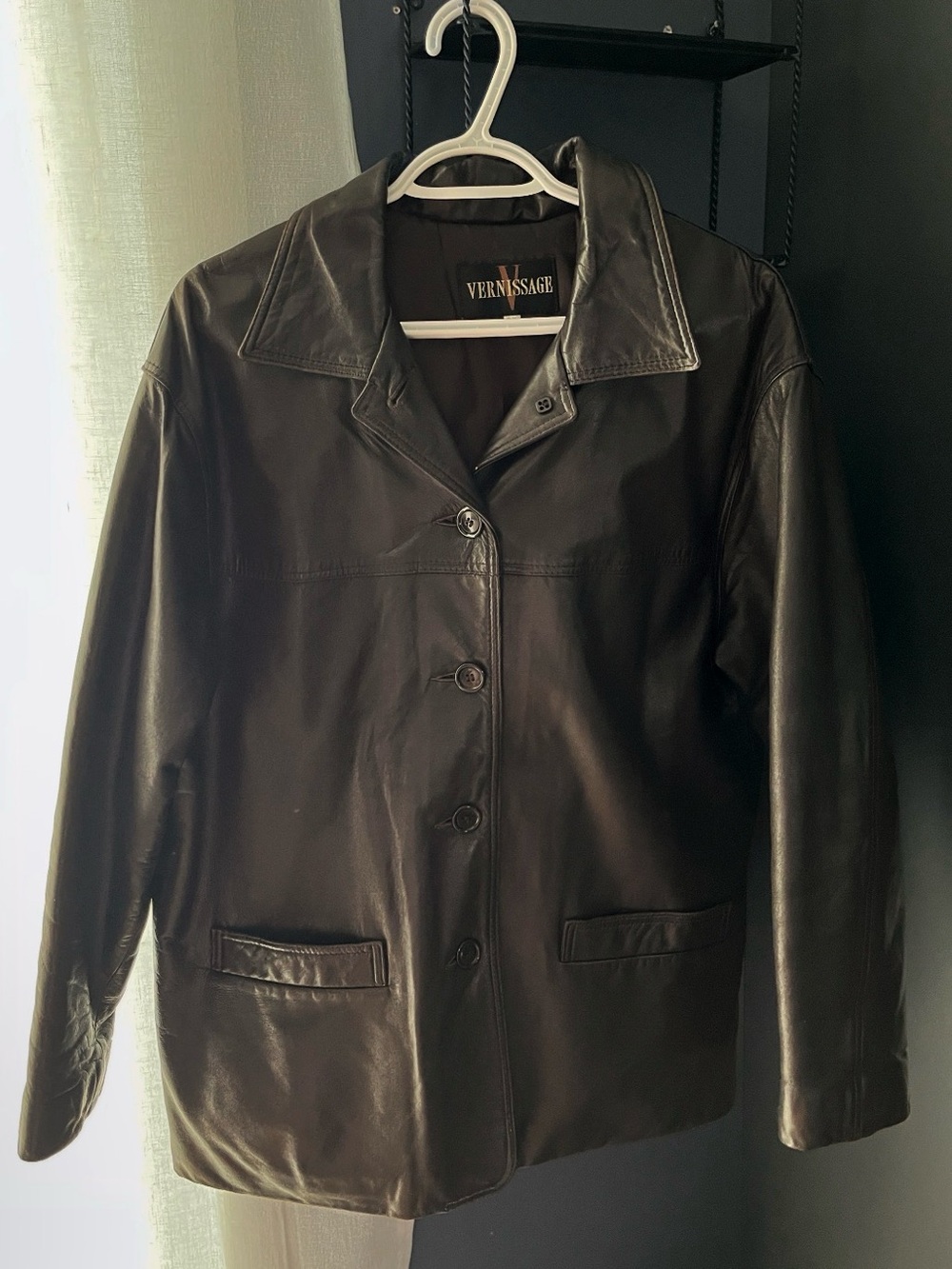 Women's deep brown real Leather Button-Front Coat.